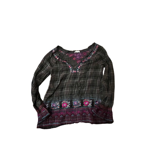 Johnny Was Tops - 3J Workshop Johnny Was Plaid Embroidered Boho Peasant Blouse Tassels Gray M